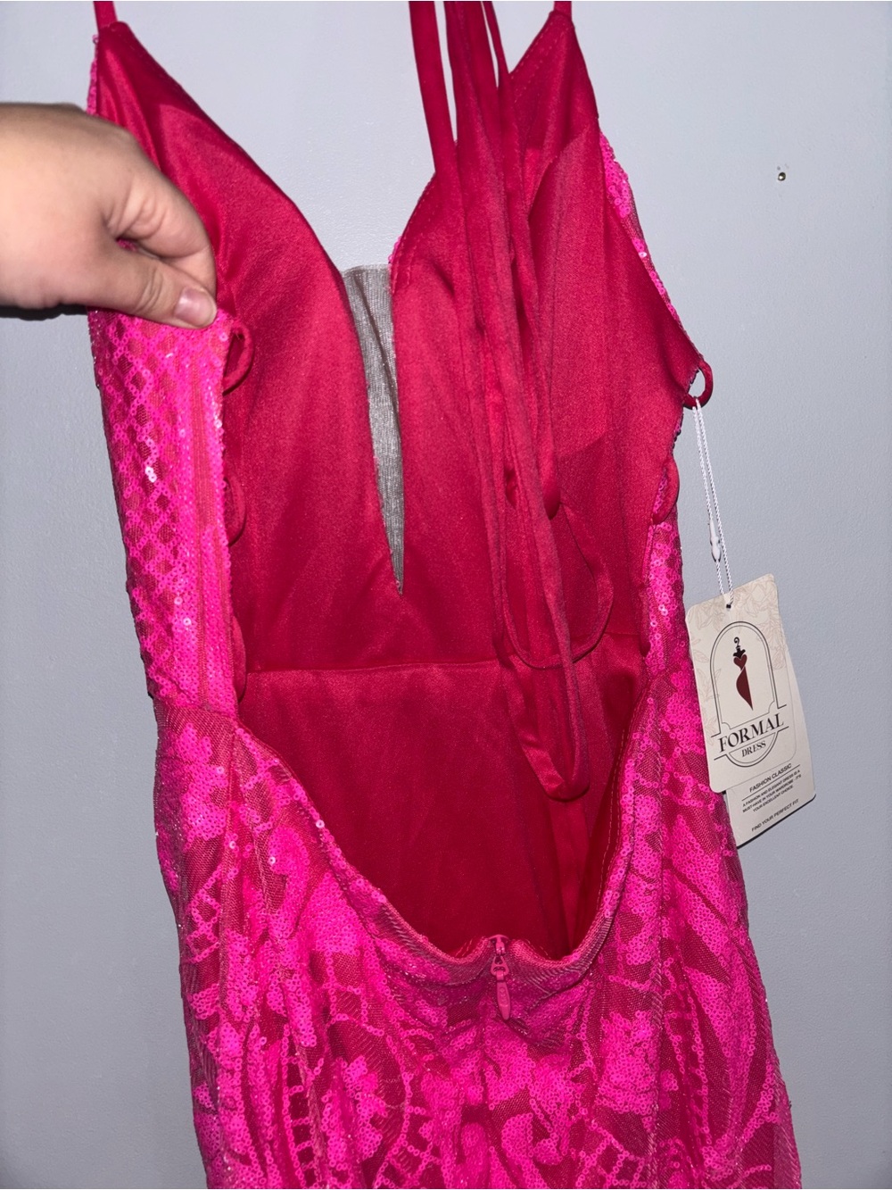 Hot Pink Sequin Halter Evening Gown - Picture 3 of 4